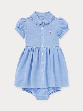 RALPH LAUREN Knit Mesh Oxford Dress & Bloomer in Harbor Island Blue Sz 24M NWT